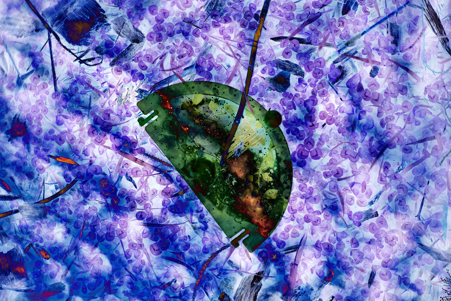 The image features a circular green object with a decorative design, partially obscured by a vibrant background of purple flowers and abstract shapes. The background includes various shades of blue and hints of other colors, creating a layered effect. There are also thin branches and leaves visible among the floral patterns.