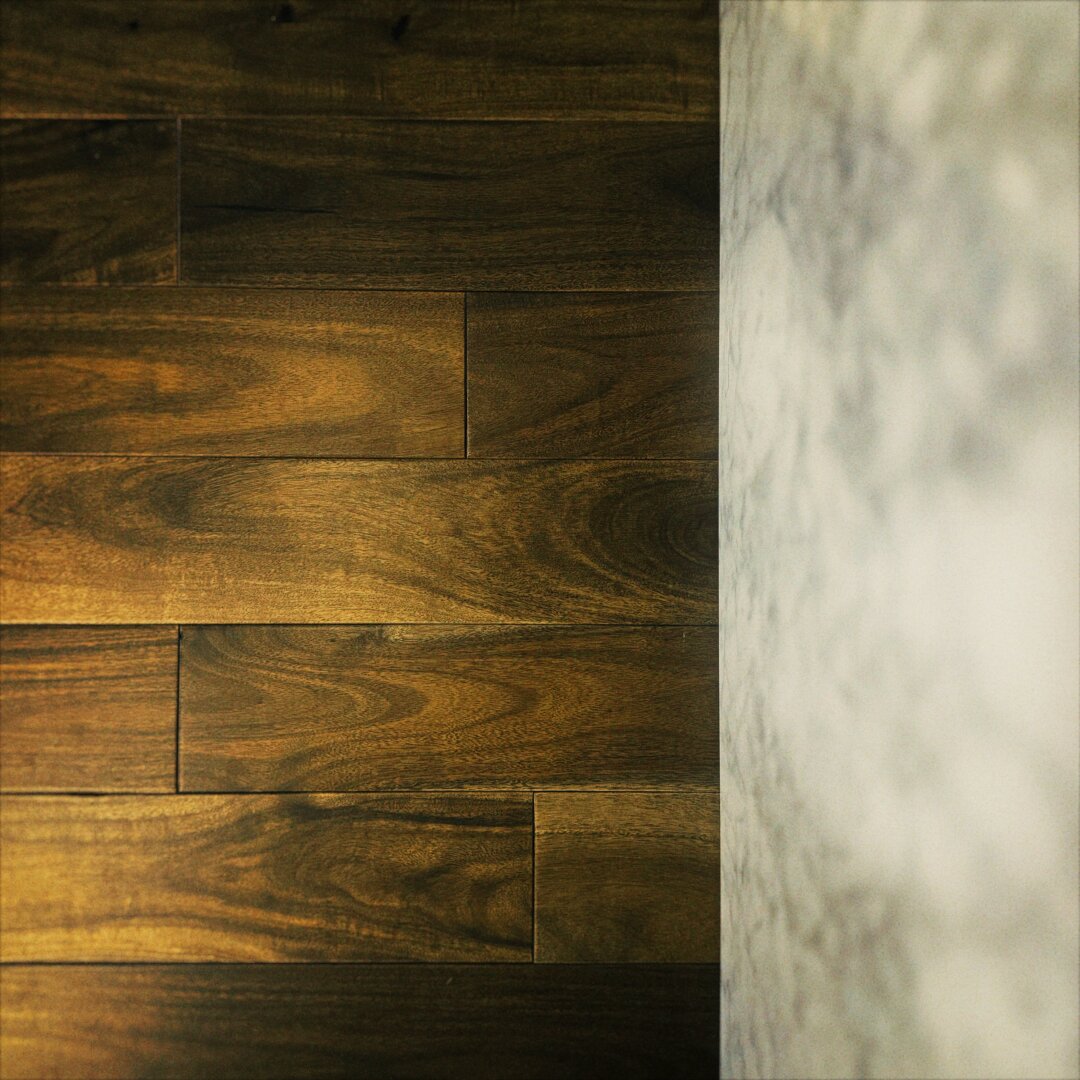 Deep brown horizontal wooden slats filling two-thirds of frame left lead to bright white marble on the final third at frame right.