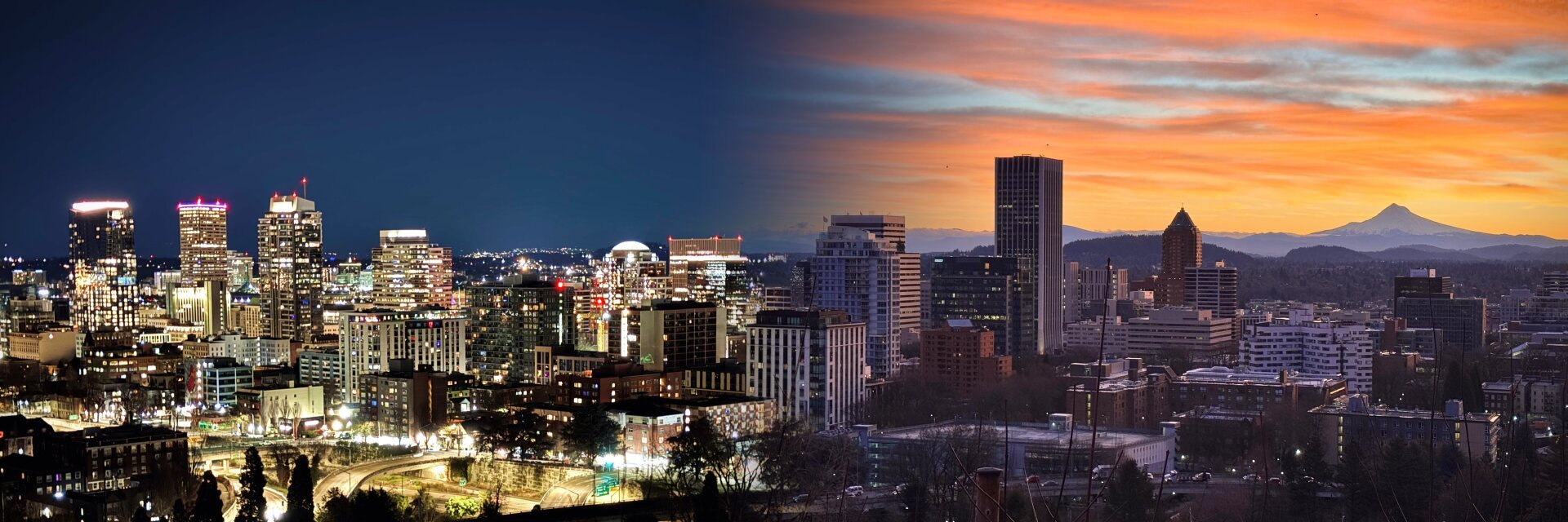 A wide view of Downtown Portland reveals a deep-blue cityscape on frame left, as it gradually fades to a bright-orange sunrise on frame right, all in a single image.