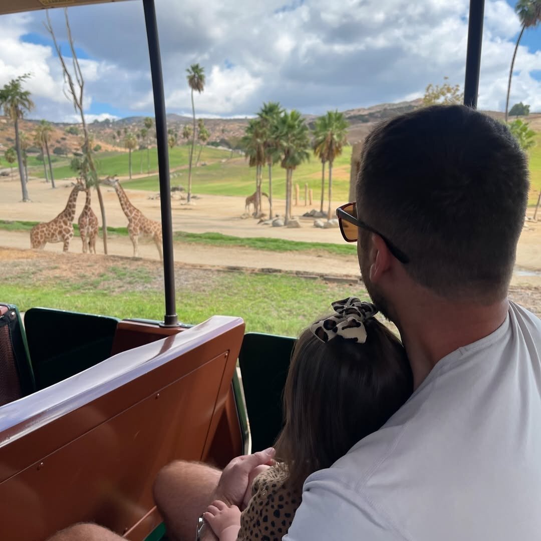 Family on the tram looking at animals at the San Diego Zoo Safari Park.