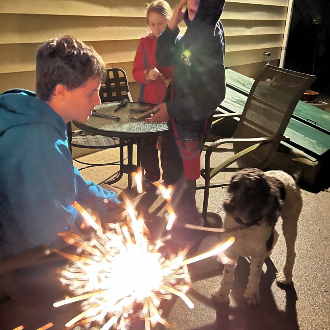 Kids and a dog with a sparkler in foreground.
