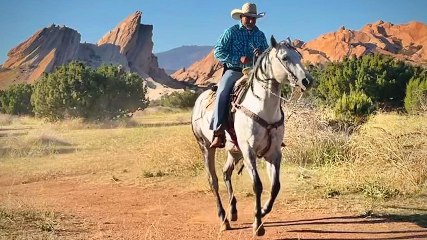 a man on a horse riding on a trail with large angular rock formations in the background