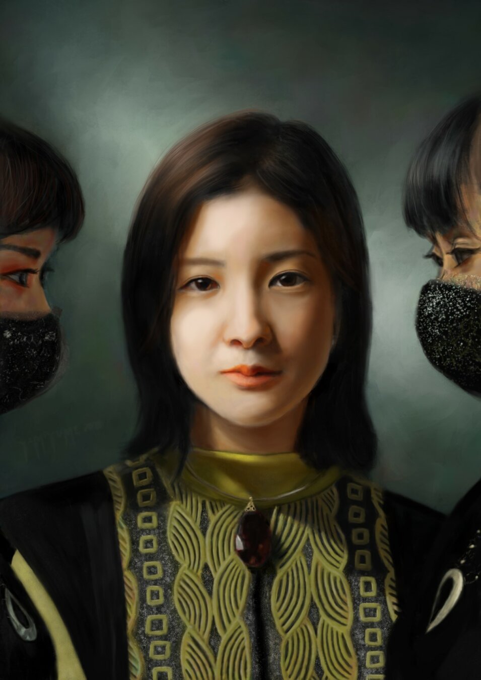 Digitally painted portrait showing Japanese singer/songwriter Yuki Akira along with two dancers from her "Applause" music video. Yuki Akira is wearing a black and yellow outfit with intricate ornaments and a necklace with a big red translucent stone. She is facing the camera with a neutral expression. The dancers are looking into the image from both sides, facing each other. They are wearing nonmedical face masks.