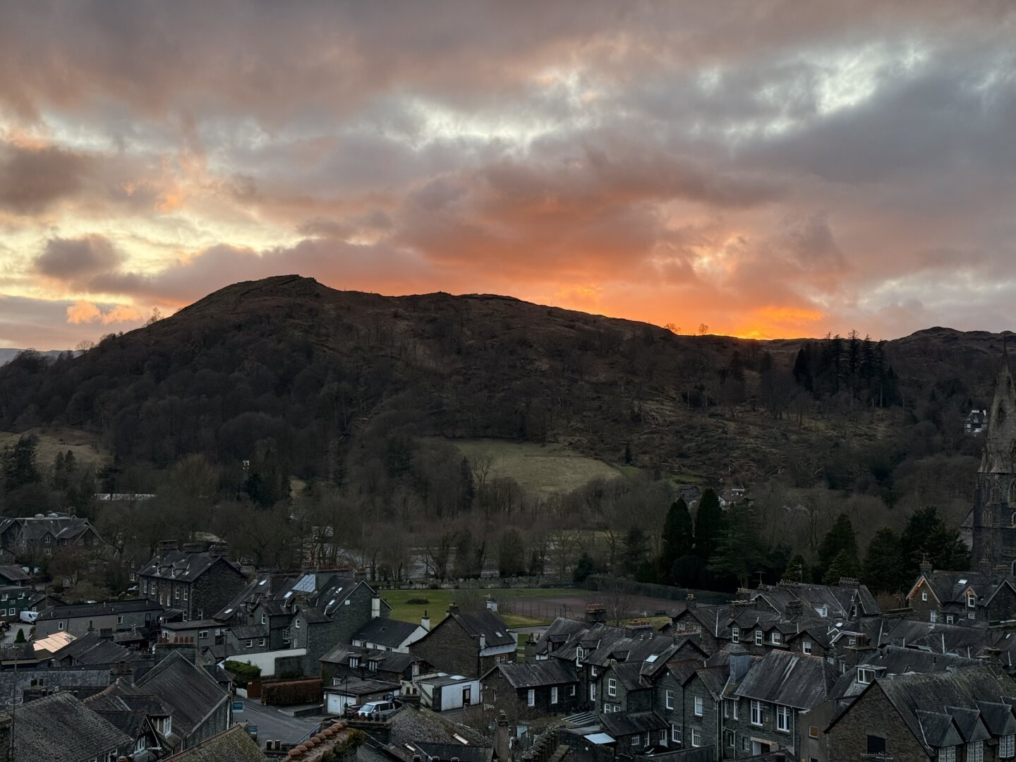 The sun setting behind Todd Crag, overlooking Ambleside