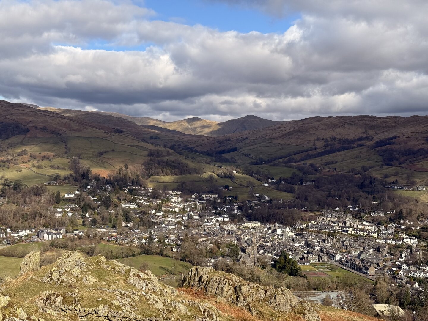 The town of Ambleside surrounded by fells