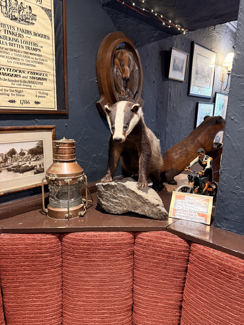 A stuffed badger perched on a rock in a bar