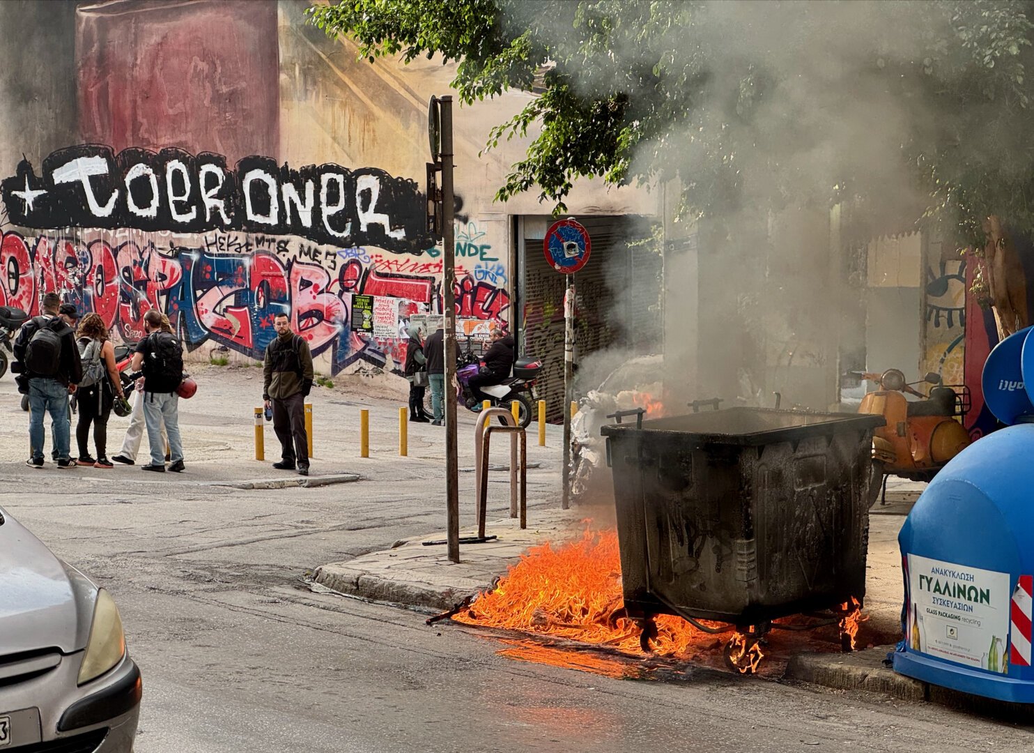 A dumpster on fire