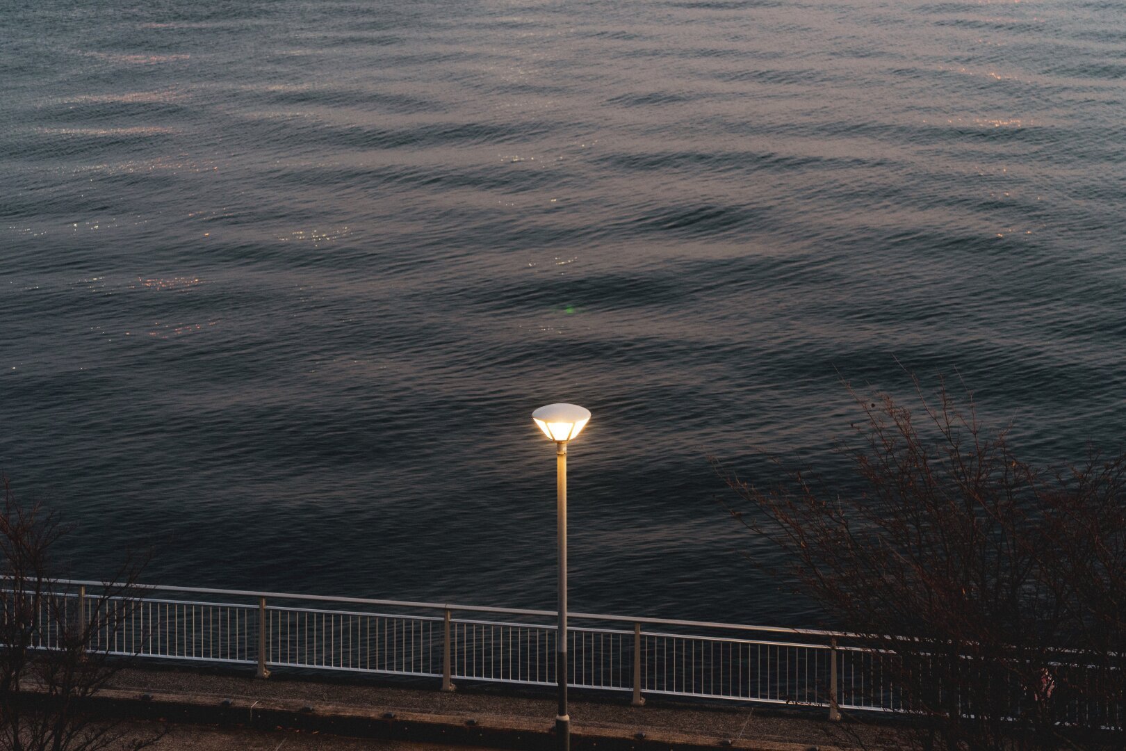 The image captures an evening scene by the water's edge with rippling dark blue waves reflecting the dimming sky above. A solitary streetlamp stands illuminated on what appears to be a promenade or walkway, its light casting a warm glow. The lamp is positioned in the foreground, serving as a focal point against the tranquil backdrop. To the right, bare branches suggest it is winter. A metal railing runs along parallel to the water's edge, indicating safety precautions for pedestrians and possibly marking the boundary between the walkway and the seafront area.