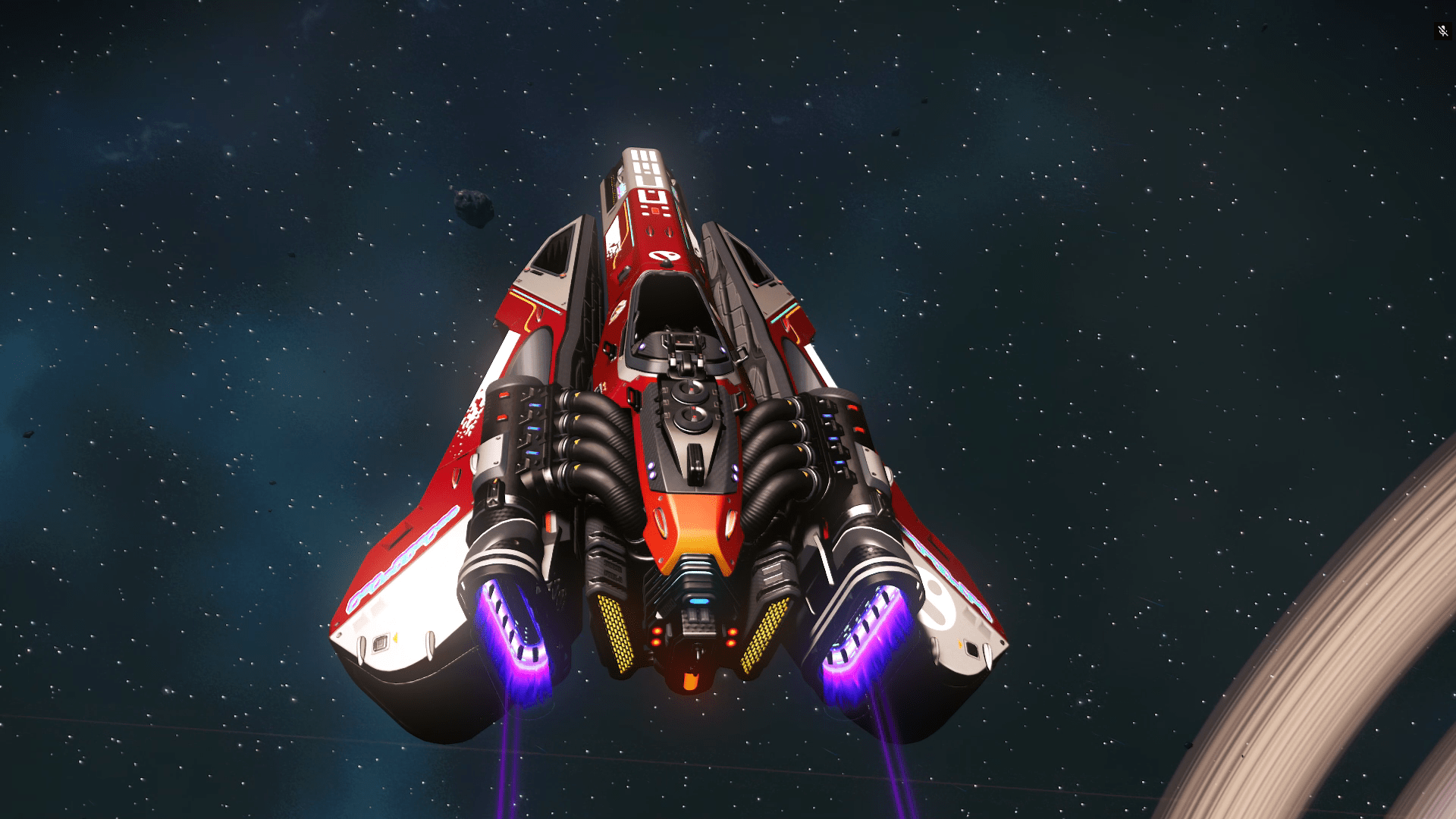 photo of a space ship from the video game no man's sky. photo is taken from the back, the background is a field of starts. the ship is red with white detail, the enginge is sticking out the back like an old muscle car