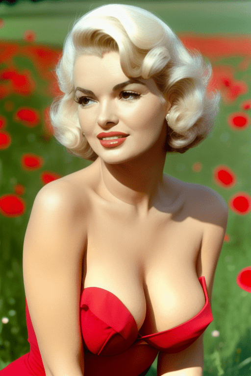 Beautiful platinum blond woman with Marilyn Monroe style hairdo. She is in her 20s, and wearing a low cut red dress that shows off quite a bit of her ample cleavage. A field of red/orange poppies are in the background, but blurred.