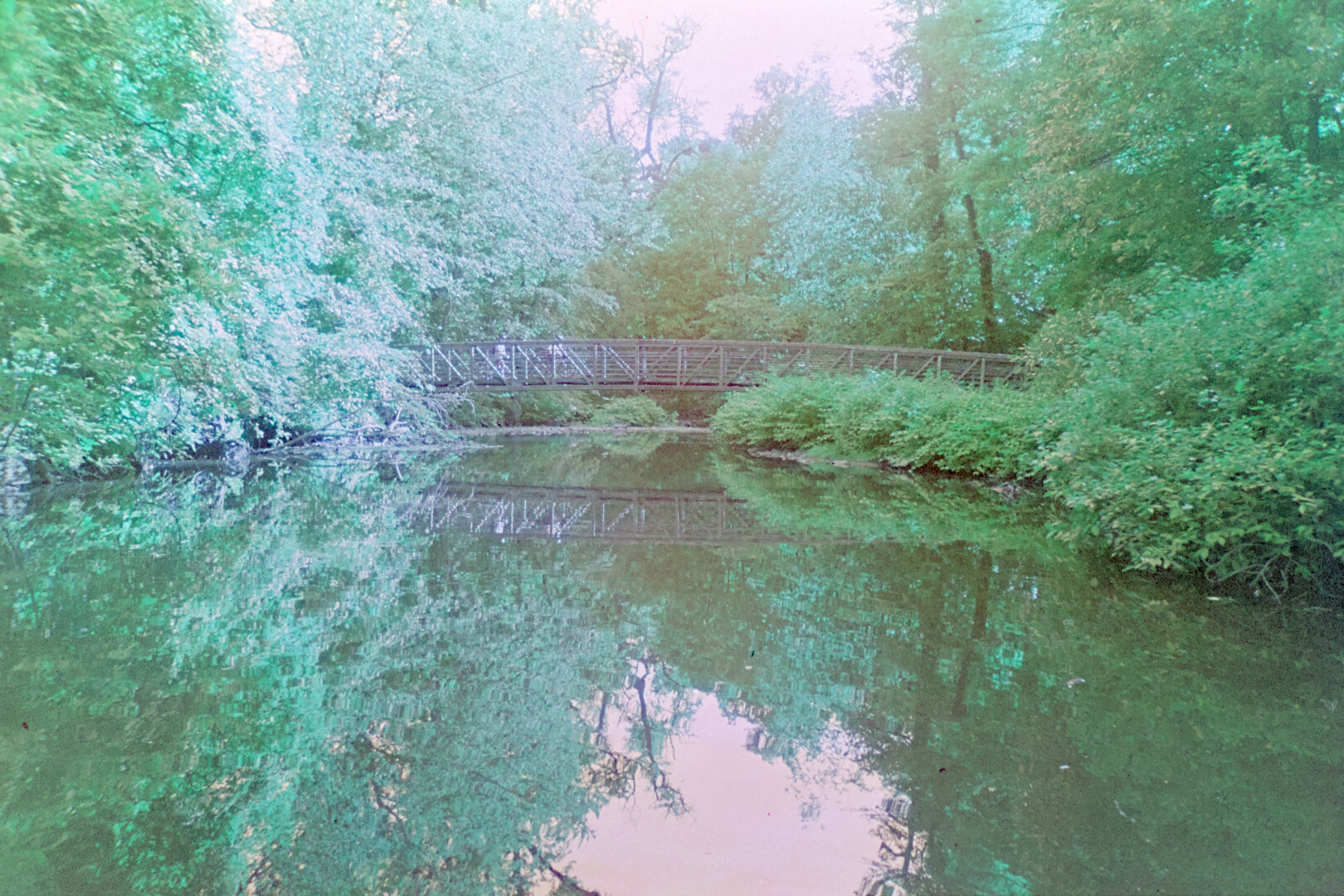 A small pedestrian bridge crosses a wide and calm river beneath many trees. Two cyclists were on the bridge. The funky film turned the sky orange and the warm light on the trees blue.