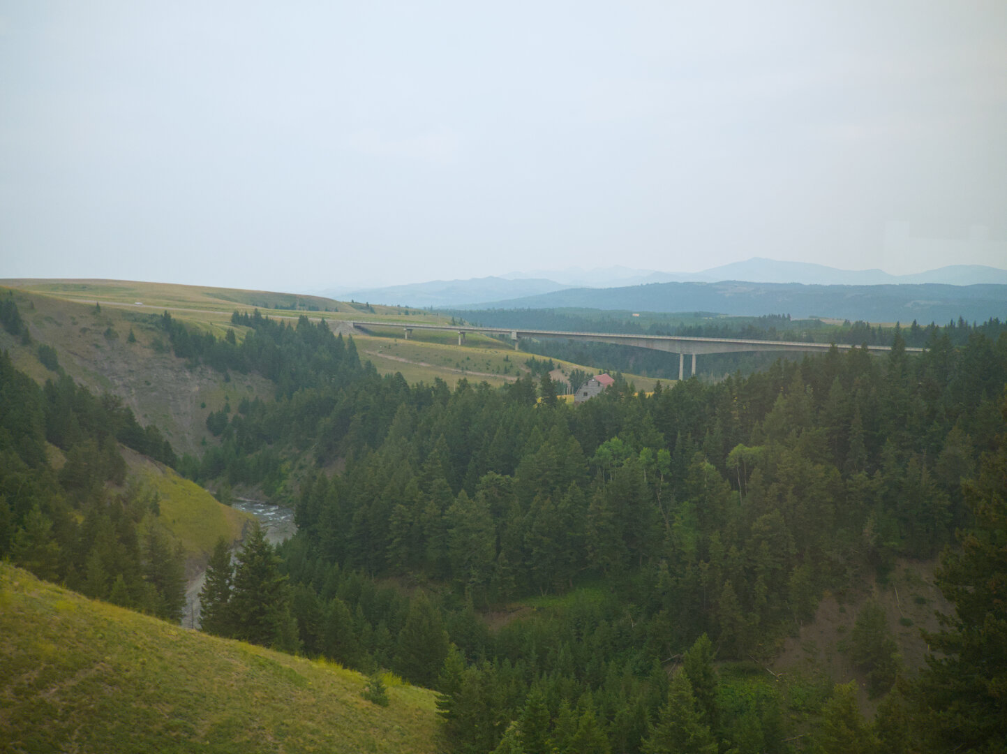 Looking down at a valley carved out by a river, mostly covered by forest.