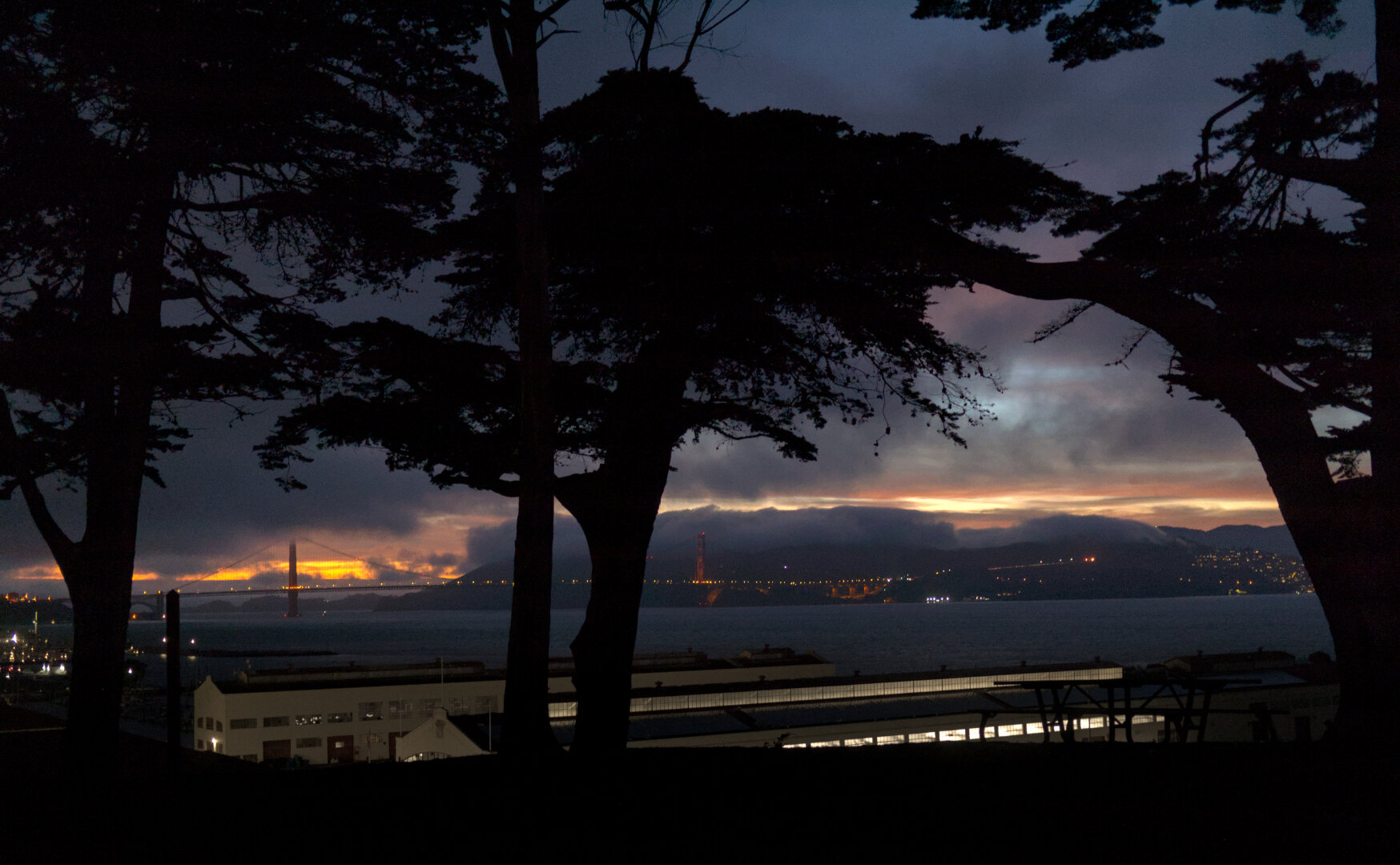 Silhouette of trees frame the view of Golden Gate below. The dramatic clouds were stained by the setting sun.