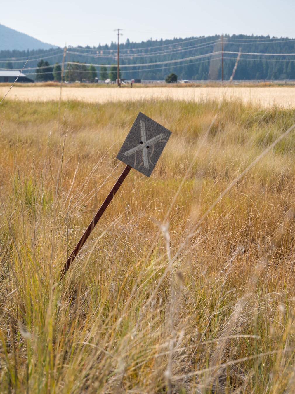 An old grade crossing railway sign shaped like a large metal rectangle with an "X" in it leans over in the grass