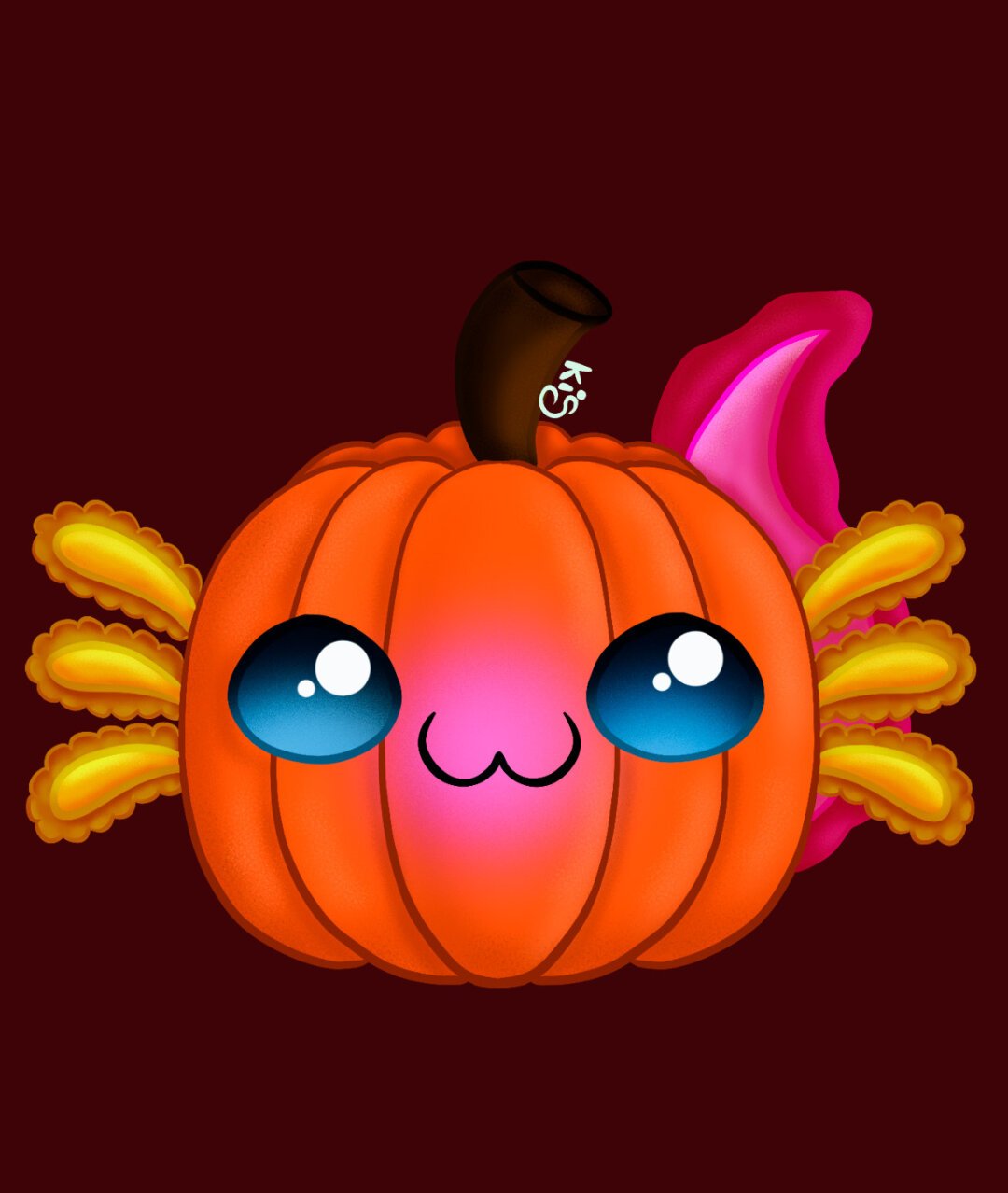Una calabaza con aletas a los lados de la cabeza y una cola como si fuese un ajolote.