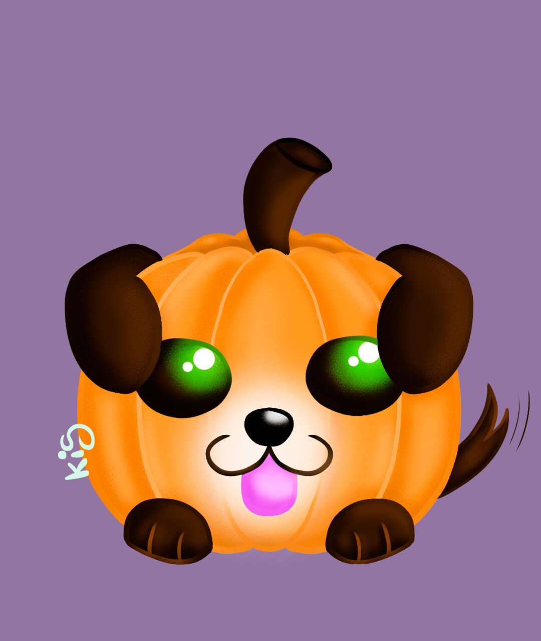 Dibujo de un perro con orejas de perrito. Tiene patitas delanteras y la lengua fuera.