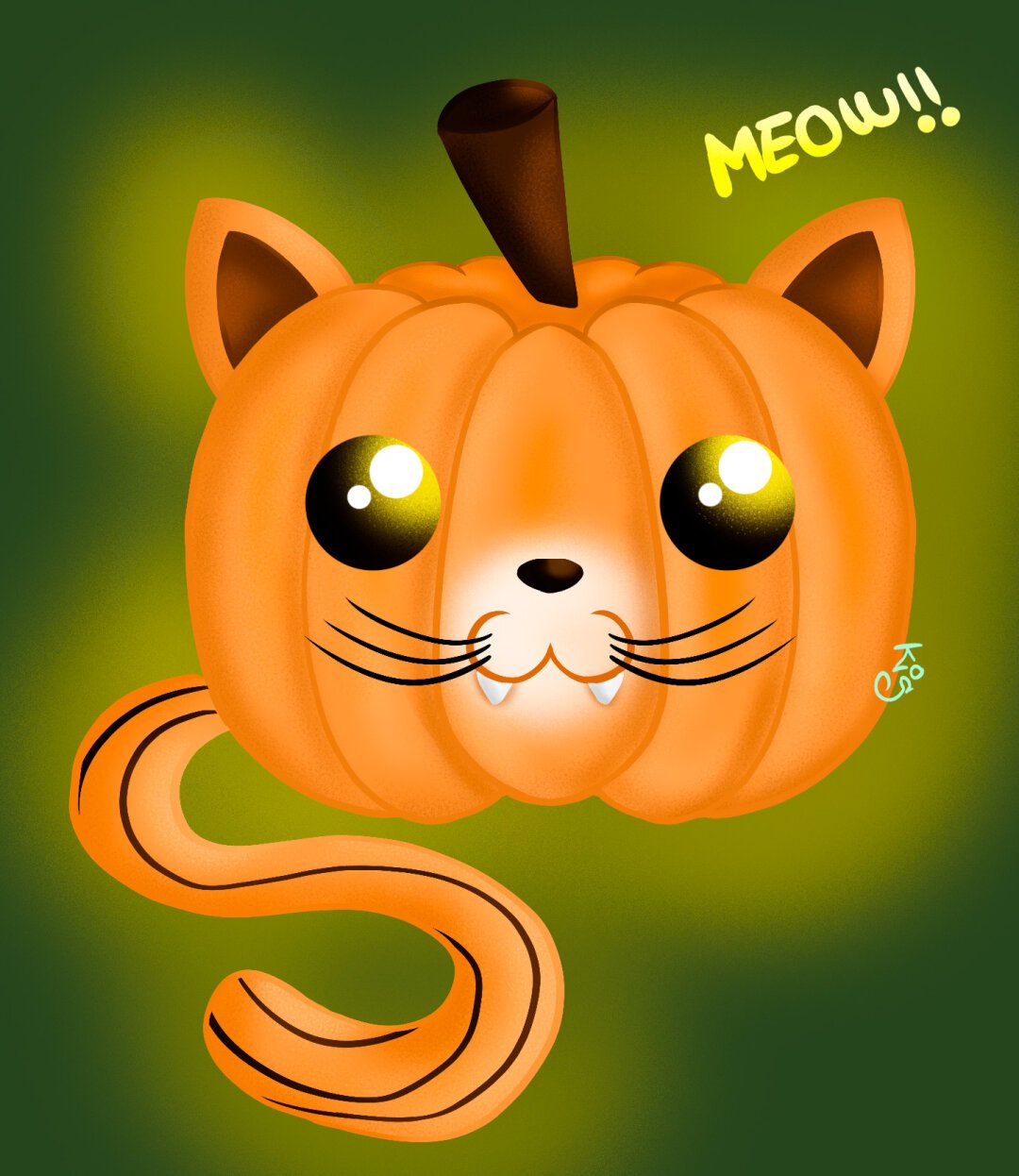 Dibujo de una calabaza como si fuese la cabeza de un gato, con sus orejitas y un rabito.