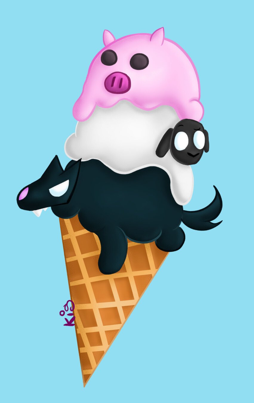 Dibujo de un cucurucho de helado con tres bolas, una un lobo, otra una oveja y la última un cerdito.