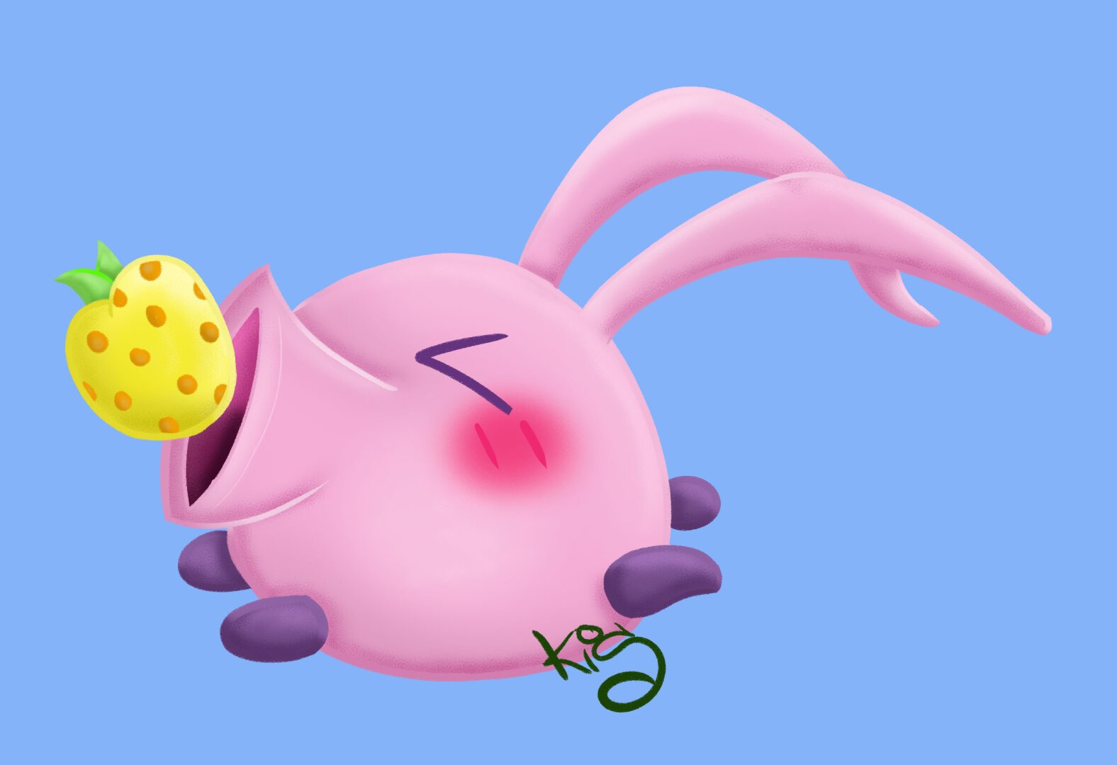 Fanart de una especie de cerdito comiéndose una especie de manzana. Del juego Feed All Monsters