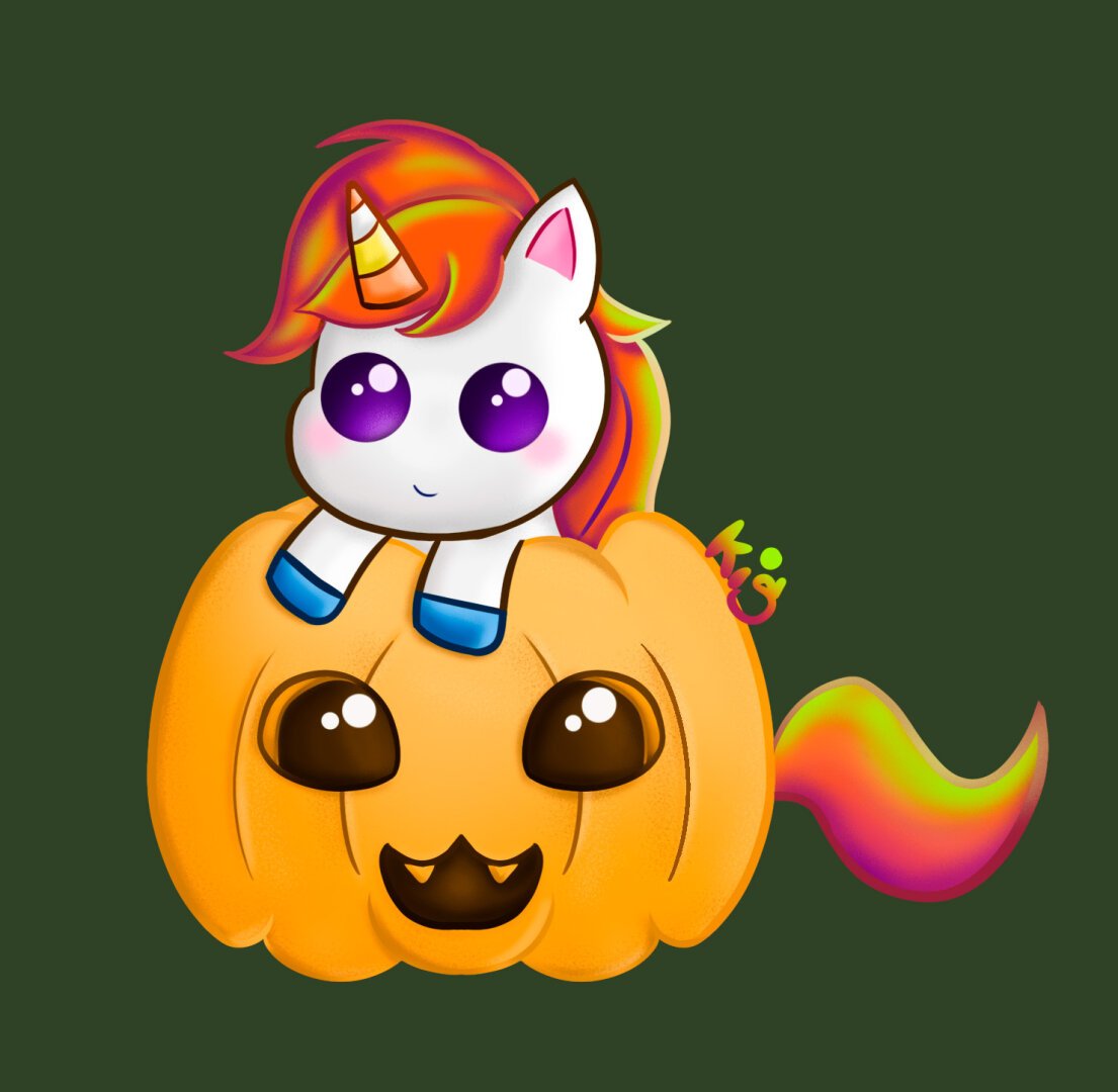 Dibujo de un unicornio saliendo de dentro de una calabaza.