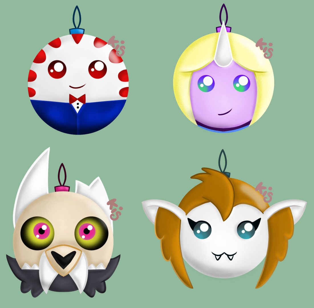 Dibujo de unas bolas de Navidad del mayordomo menta, Lady Unicornio, Rey y Eda(The Owl House).