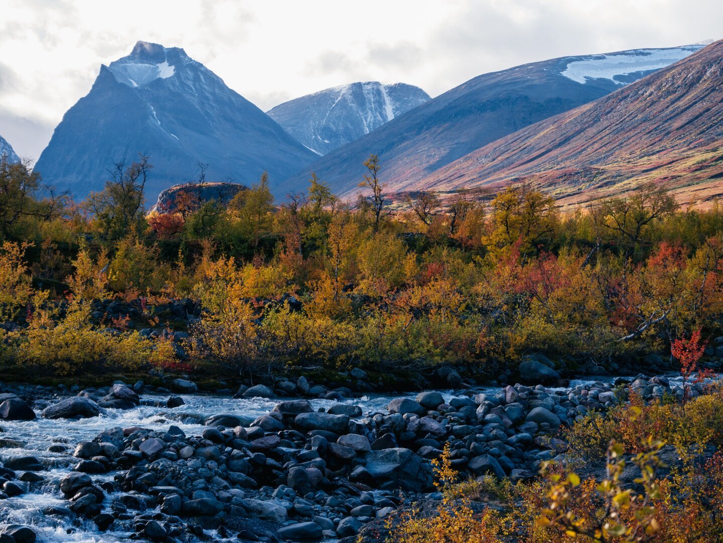 Red and orange autumn colors from leaves, a mountain river flowing in the foreground, and snowy mountaintops in the background.