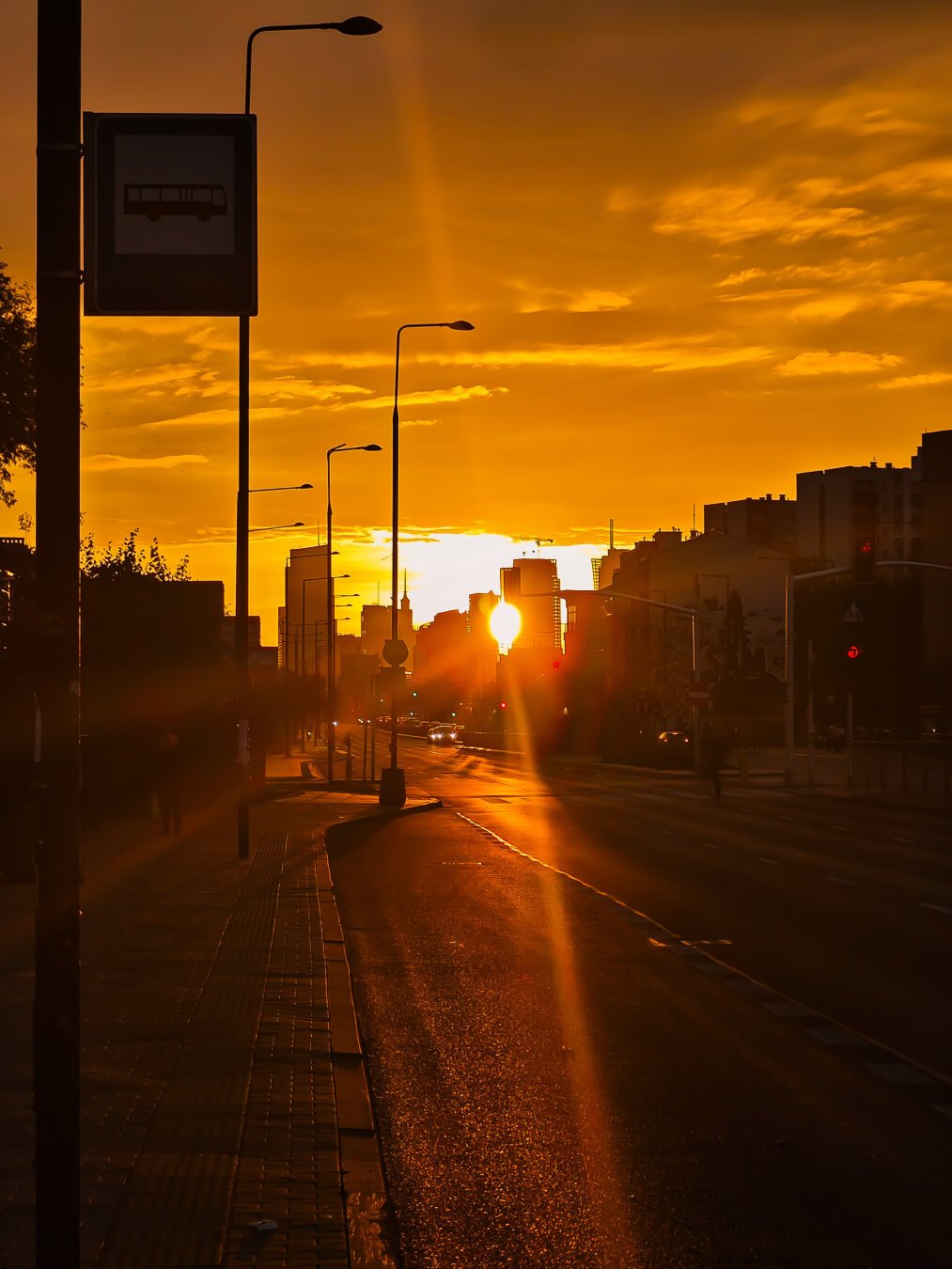 In the central part of the photo we can see skyscrapers in the distance, between which the sun's rays are breaking through, all preserved in golden tones. At the bottom of the photo we see a sunlit street, and on the left - a bus stop sign
