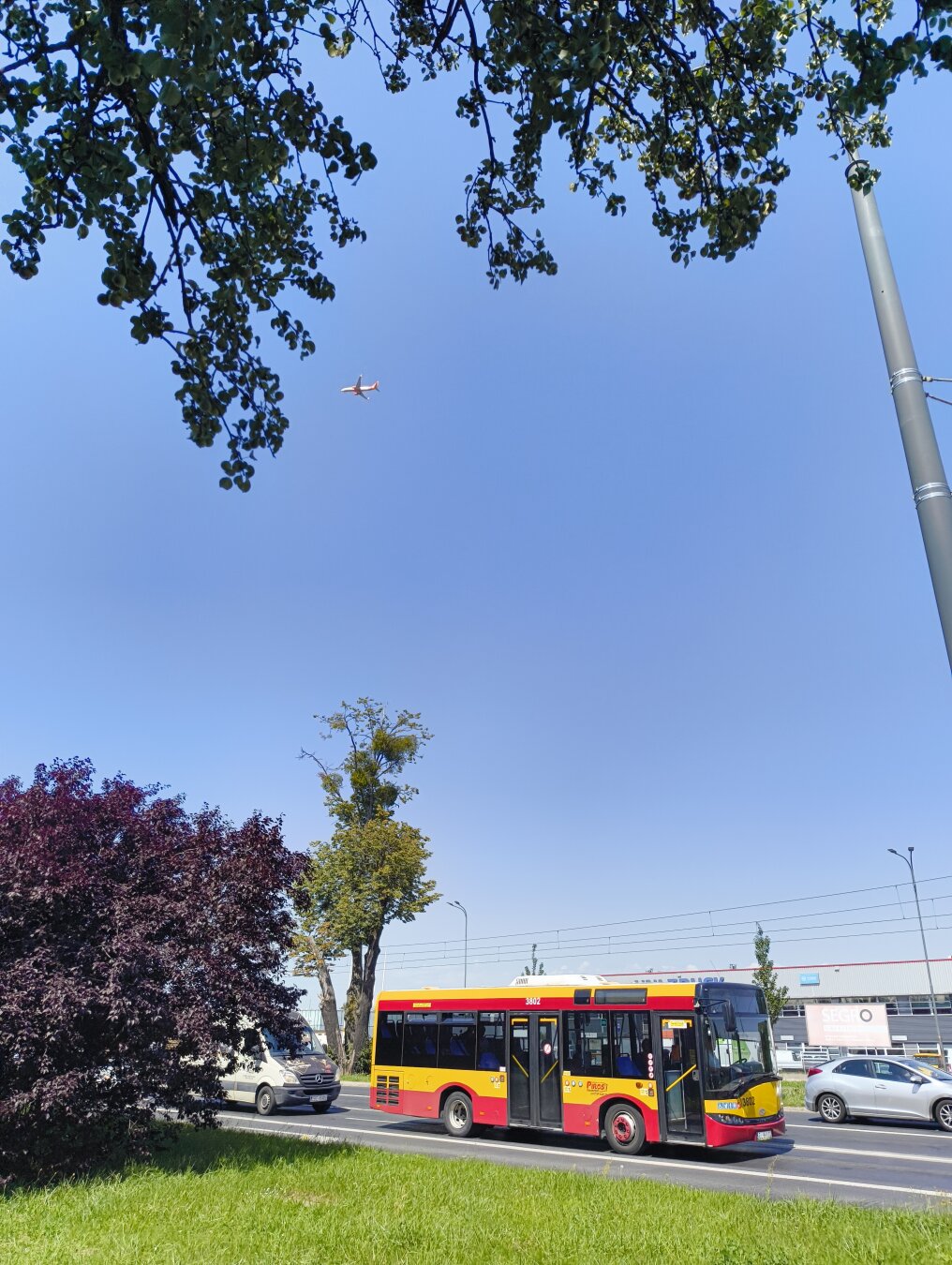 foto of a city bus and a plane over it