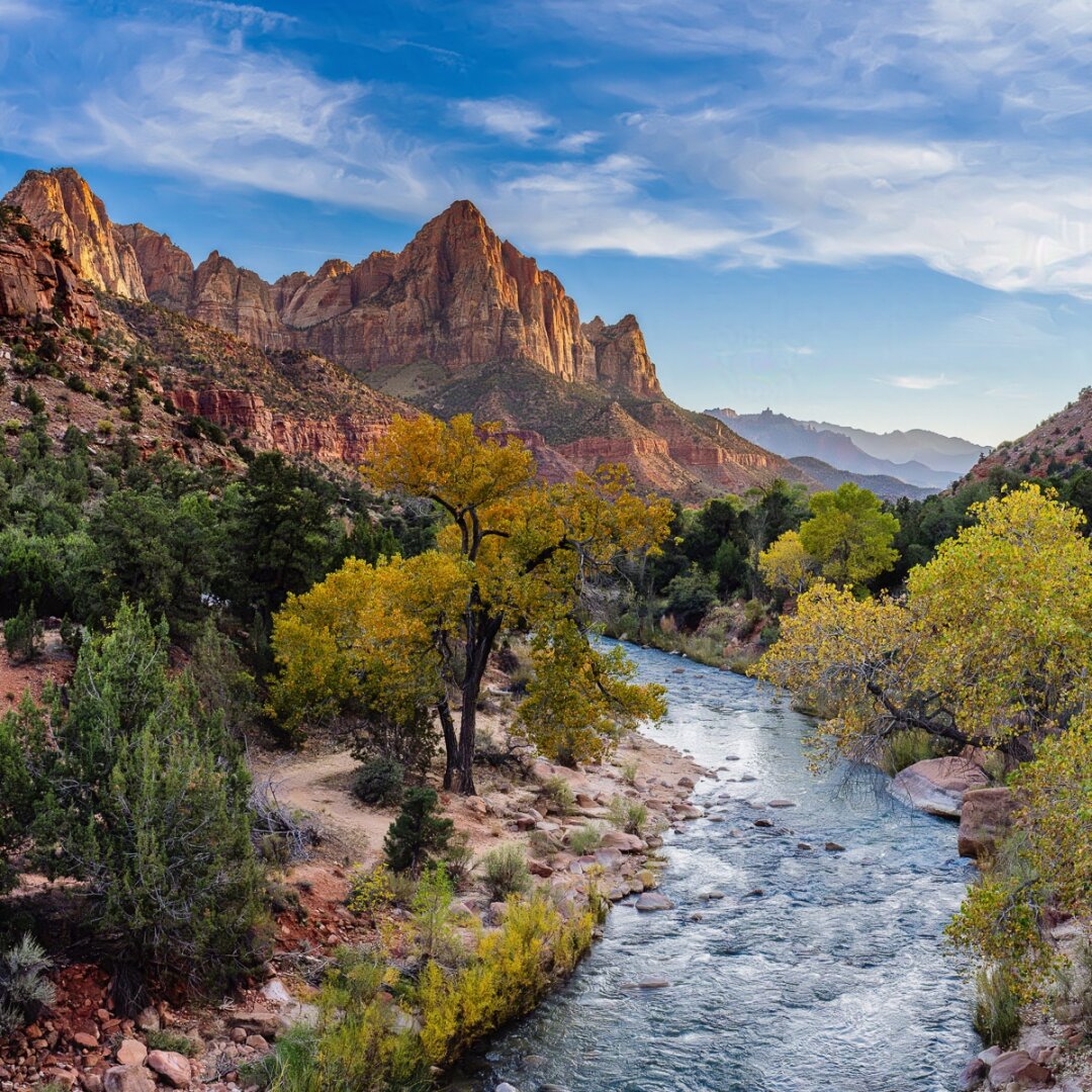 The Virgin River runs alongside The Watchman.

The Virgin River flows from the bottom center of the photograph toward the middle, disappearing along the way. But we know that it keeps going, of course.

The middle-top of the photograph is dominated by The Watchman, which is a rugged mountain. It has a sharp peak at the top, sheer sides, and is absolutely incredible. The photograph is right before sunset, so The Watchman is lit in rich, deep golden hues. The sky is blue with high, wispy cumulus clouds.

The photograph was made in the fall, so the trees and foliage is turning into the autumn colors, but there is still plenty of green, too, on each side.

In the distance you can see more mountains.