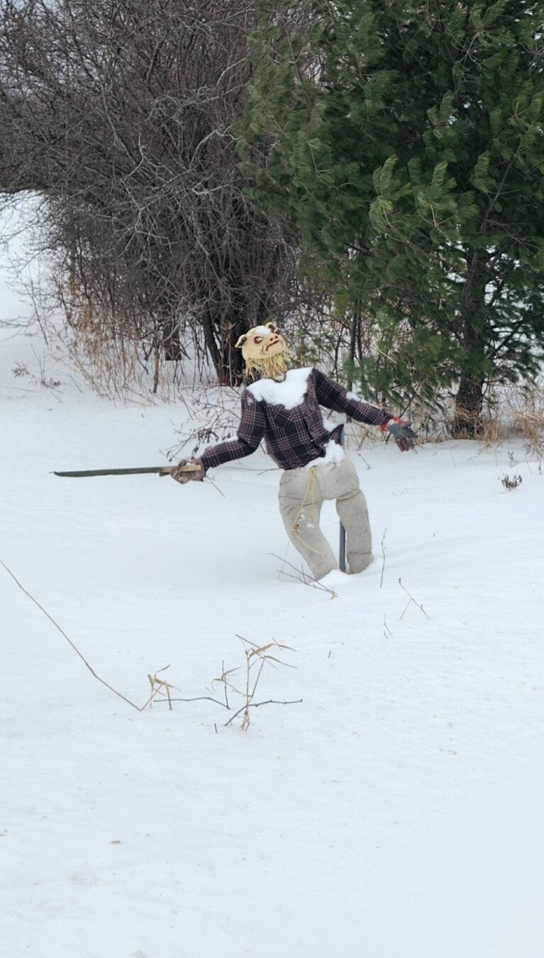 A scarecrow with a pig mask and a machete standing in a field of snow.