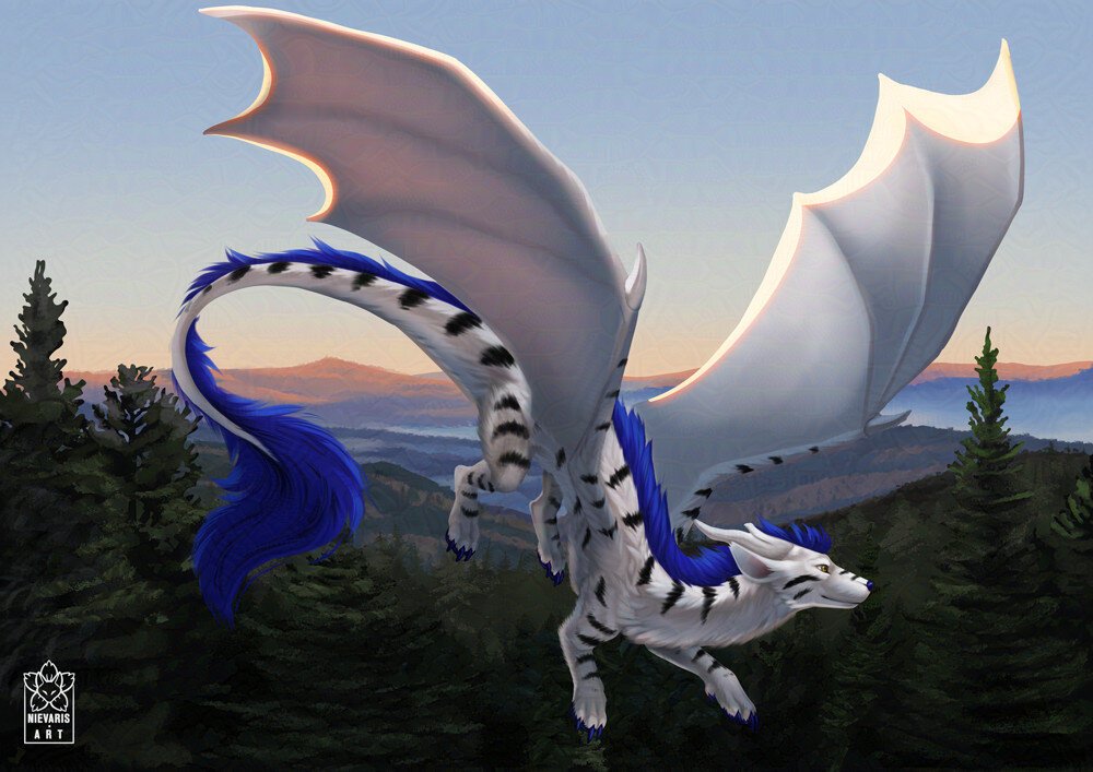 Fluffy white Eastern Dragon with wings flying over foresty mountains, enjoying the sunrise.