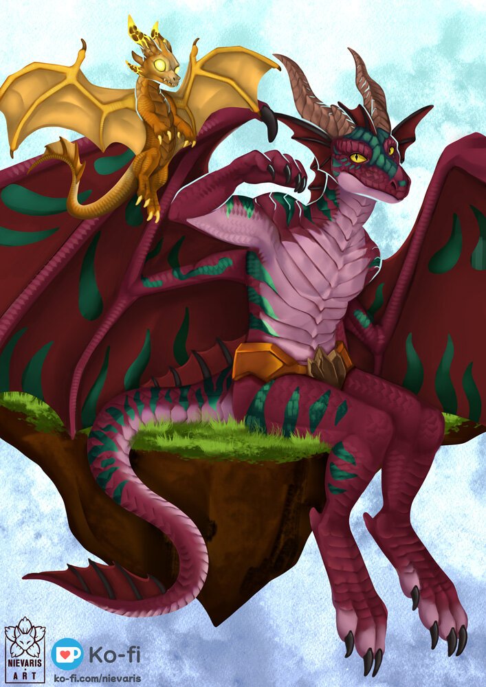 Red Dracthyr sitting on a floating piece of island with his golden dragon familiar