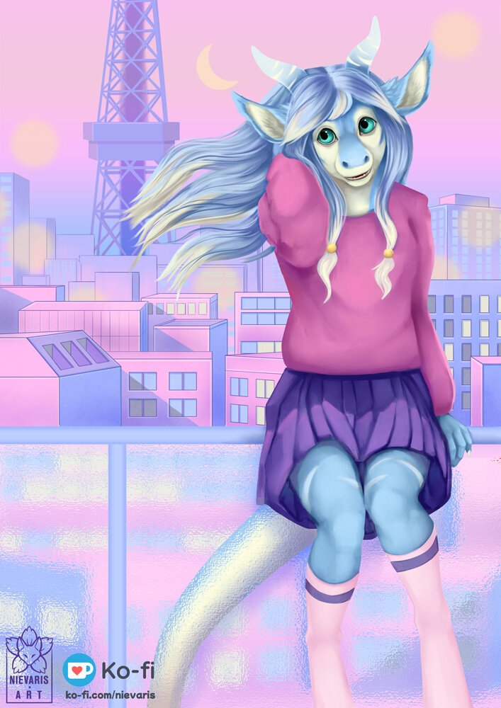 Anthro Eastern Dragon sits on a railing with a pastel Tokyo in the background.