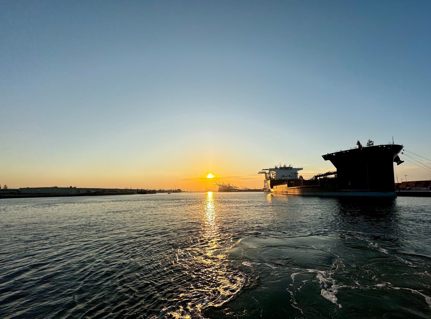 Sunset with a giant ship