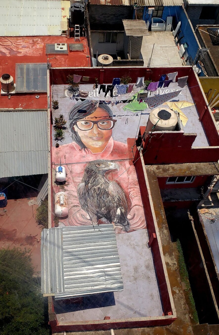 Artwork by unknown artist visible from the Cablebús gondolas as they glide over Iztapalapa in Mexico City