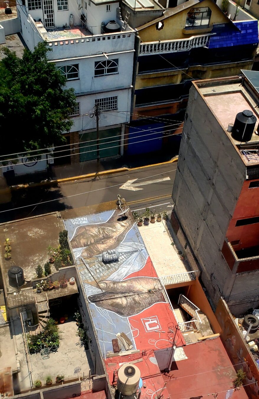 Artwork by unknown artist visible from the Cablebús gondolas as they glide over Iztapalapa in Mexico City