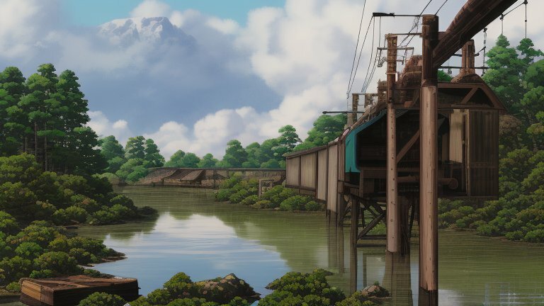 A village by the water beneath a wooden platform.