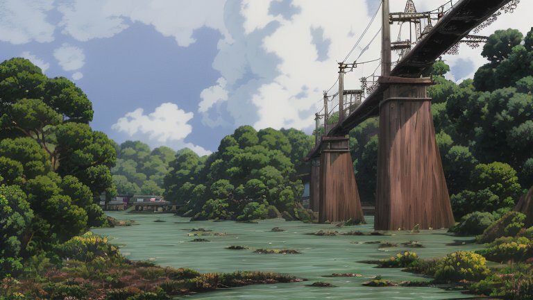 A village by the water beneath a towering wooden highway.