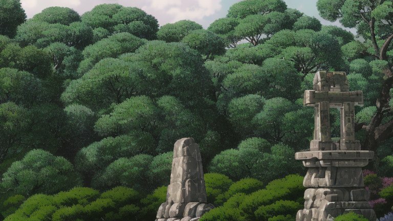 Stone monuments amidst the forest.