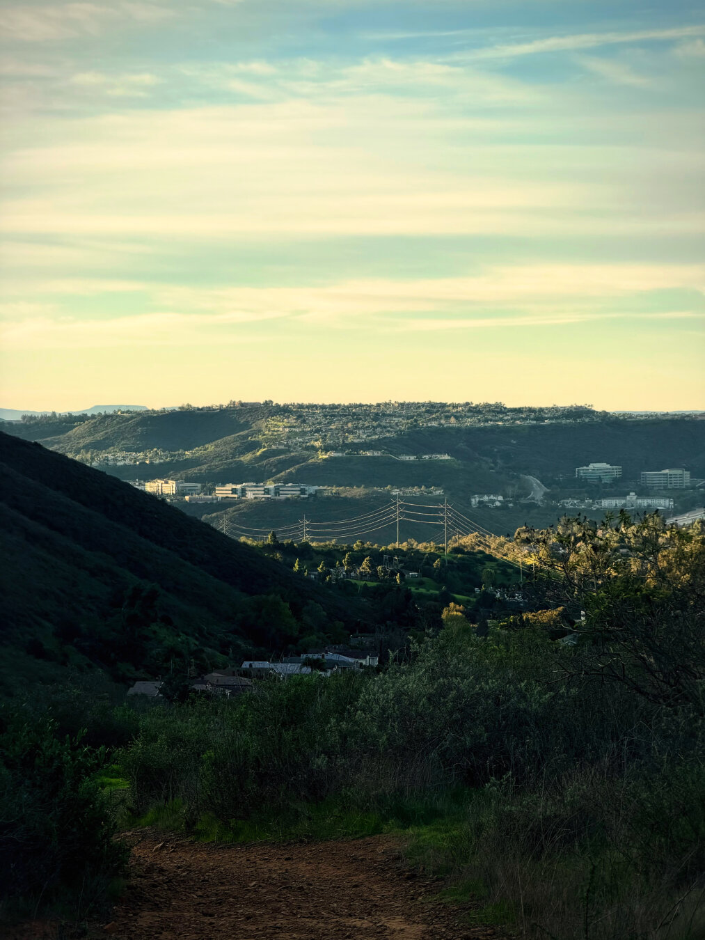 A sunrise view from Black Mountain on the north side of San Diego. Looking south over rolling hills, with dark shadowed foliage in the foreground and a housing development in the distant. The sky slightly overcast, but plenty of blue sky creeps through.