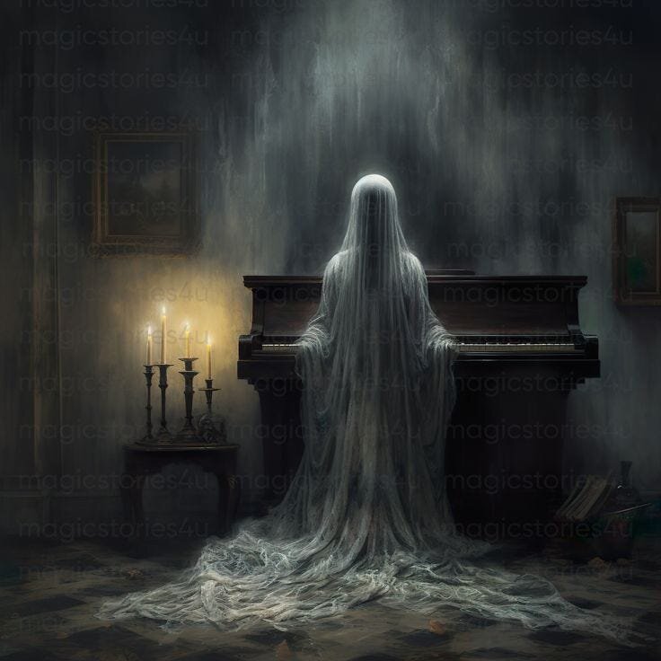 A woman covered with a white veil stands before a piano. A candelabra sits on a table beside it. The scene evokes horror or something foreboding.