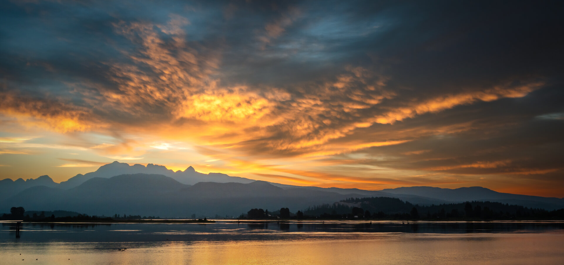 A photograph of sunrise light bouncing off of the bottom of some low lying clouds at sunrise. The clouds hang overtop of the Golden Ears mountains in British Columbia, Canada, and are reflected in the Pitt River. It is first light, and the clouds reflect a combination of reds, oranges, and blue from the sky. A slight haze is in the scene from recent wildfire smoke.