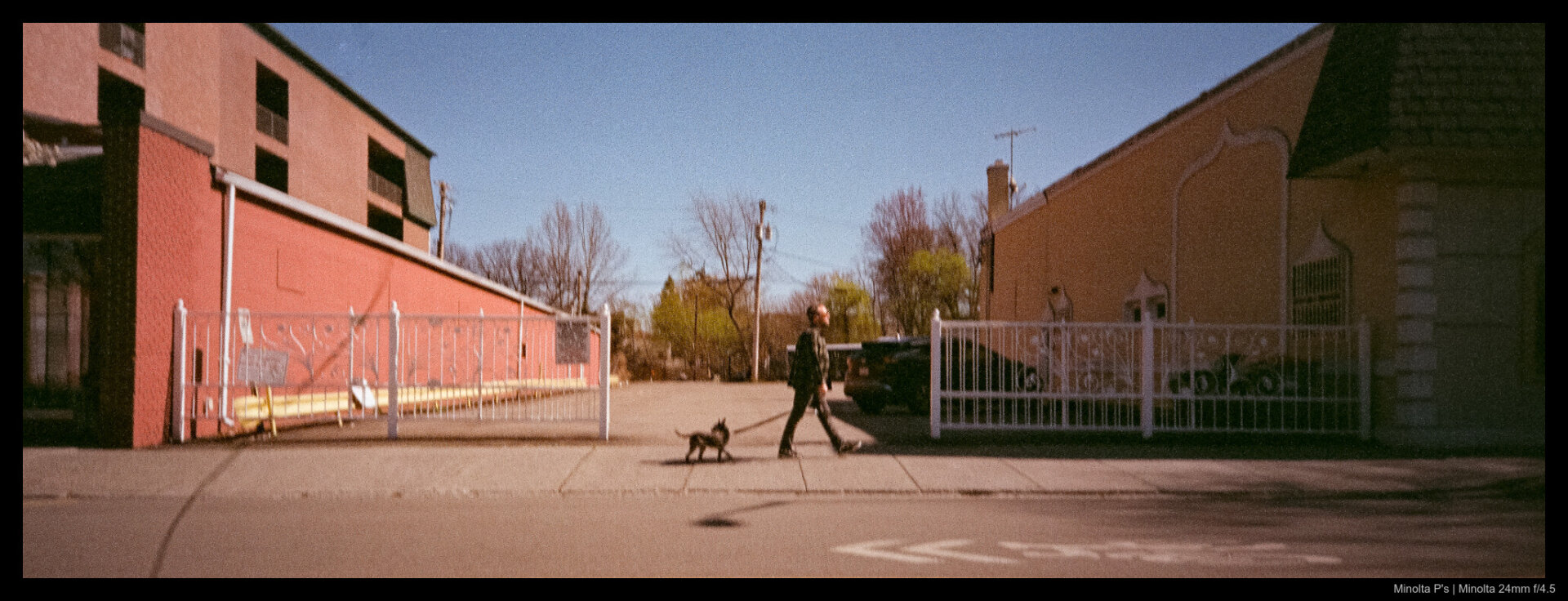 A person walking their dog looks ahead to the right, while their dog's head is turned to the left to look behind them. The two are passing by a set of white metal fences outside a parking lot, which abut two buildings.