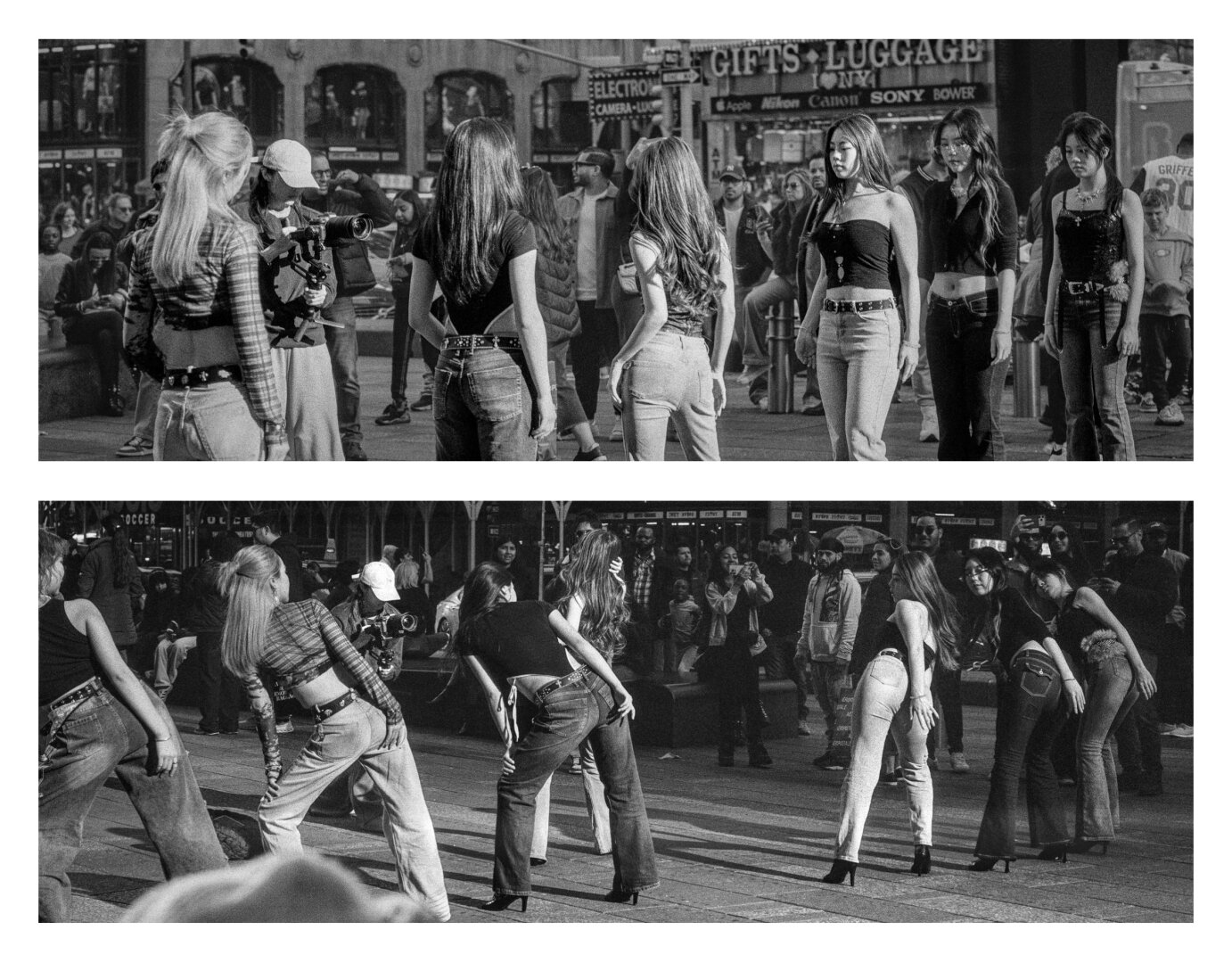 A diptych of a team of dancers and a videographer in Times Square. In the first image, the dancers are standing straight with their arms at their sides in preparation to begin. In the second, three are leaning to the left, three to the right, and one stands in the middle as the leader.