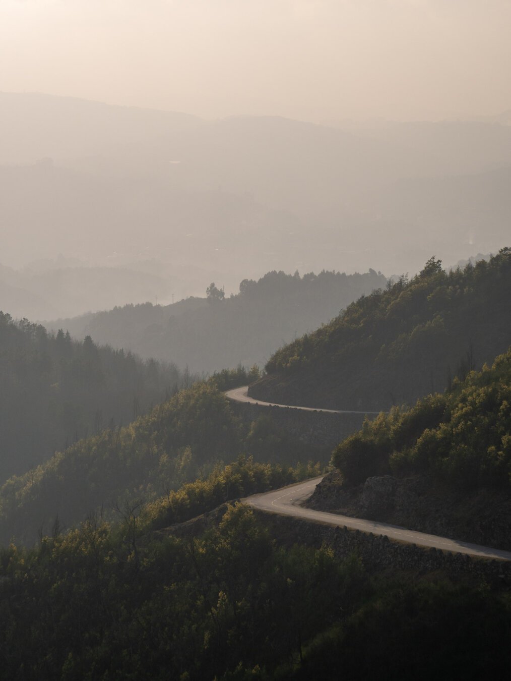 A photograph of a landscape, with several hills one after the other and a twisty road following along, in a foggy afternoon.