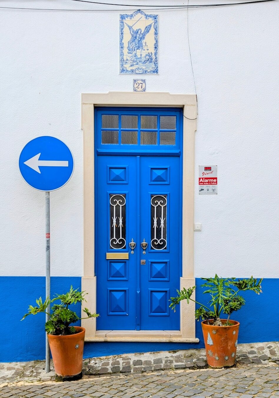 Bright blue paneled door with a transom window and white wrought iron inserts, flanked by a blue-painted baseboard and two terracotta potted plants.