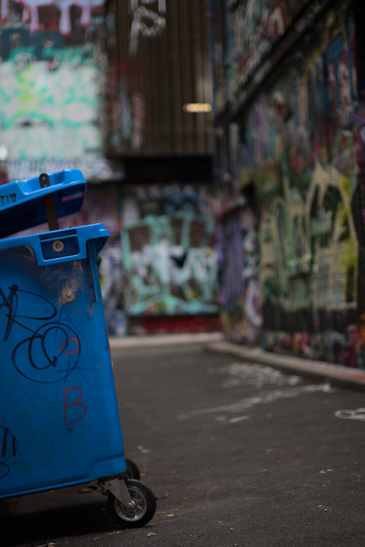 A photograph of a large blue bin on the left of the image, in front of a back alley laneway. The walls of the laneway are mostly brick, but the only clue that they are brick is the patterns as they are completely covered in all kinds of graffiti. Most of the graffiti is indistinguishable as the thing that is mainly in focus in the image is the bin, with a medium blur on the laneway. The graffiti art is not a single large mural but a collection of many smaller or medium sized pieces all overlapping, in various different colours and arrangements, where it can be hard to tell where one ends and another begins. The pavement on the ground is mostly clean and clear save for a few white streaks. The bin has a few black and red marker pen scrawls on it, and the bin is slightly propped open. It is day time and light is filtering in through the tall buildings. A bar light can be seen hanging from the side of one of the buildings at the end of the alley before the turn of a corner.