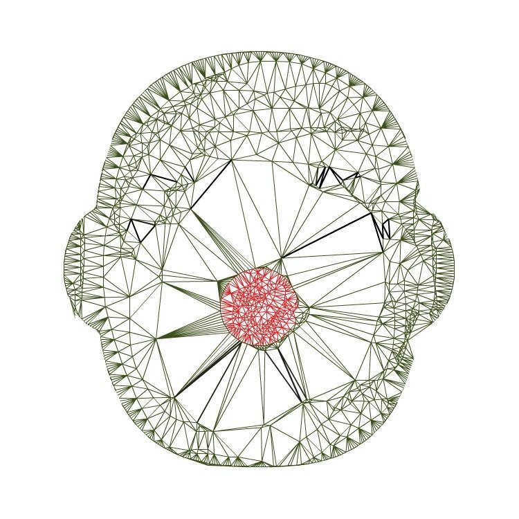 abstract face; thin black lines, red nose, white back