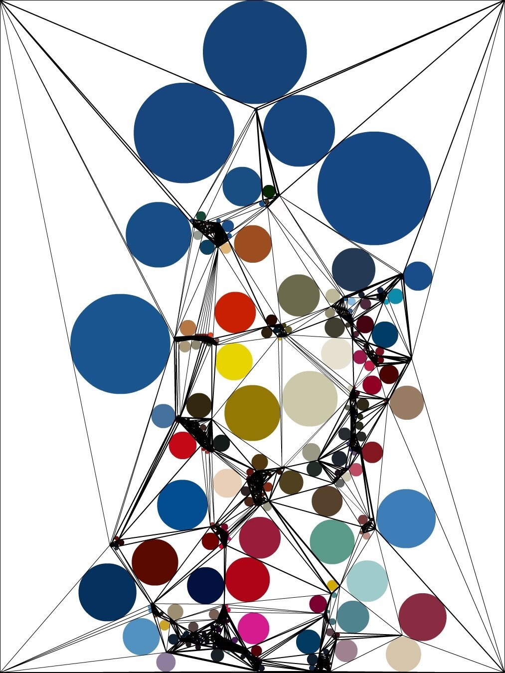 many dots, different colors, grid of thin black lines