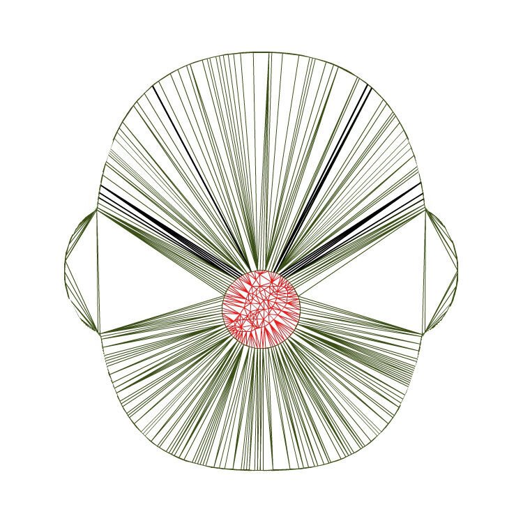 abstract head, red nose, green lines on white back